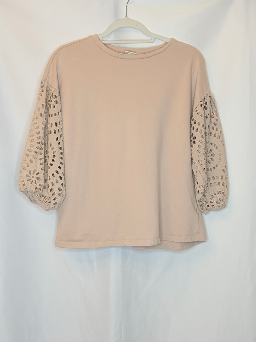 A New Day Puff Sleeve Eyelet Tee in Soft Tan